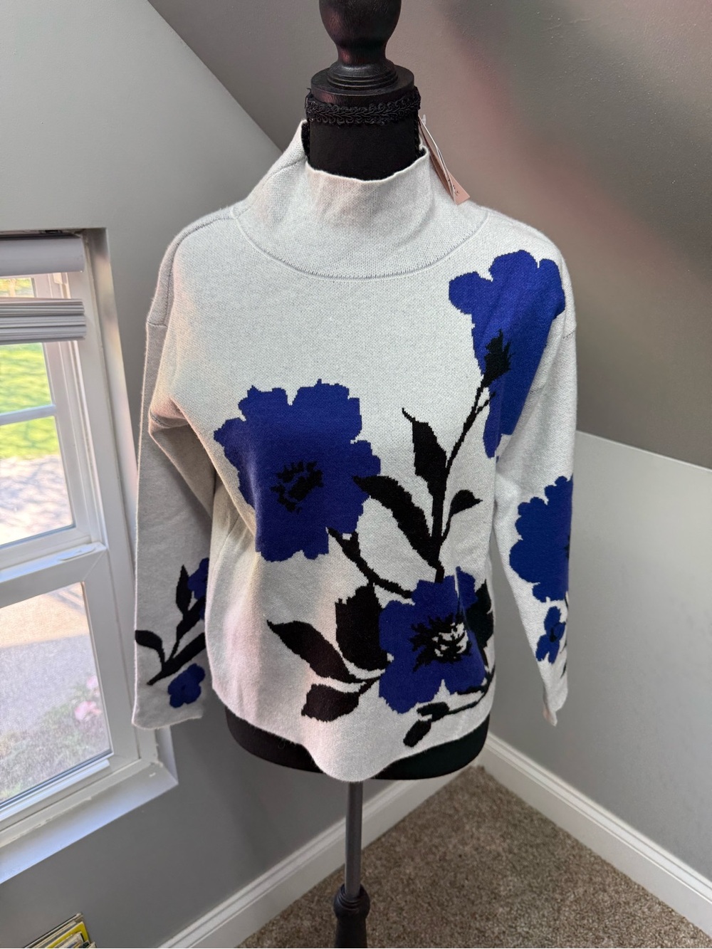 Philosophy Cream Mock Neck Sweater with Blue Floral Jacquard